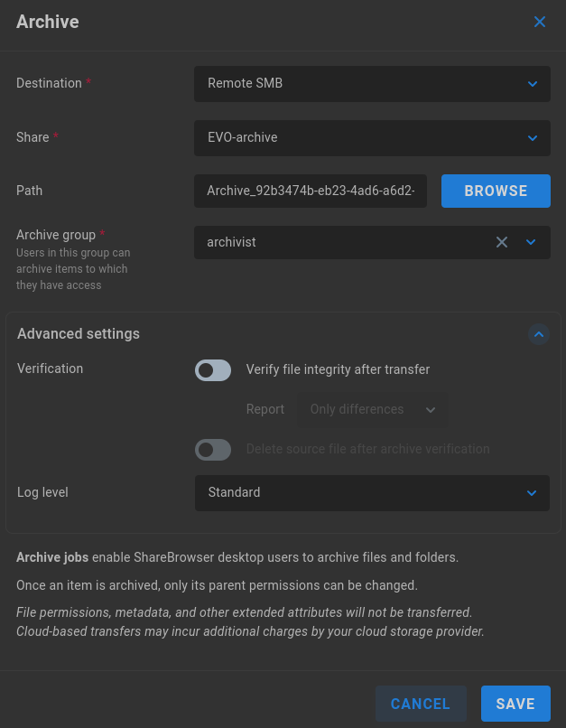 archive settings