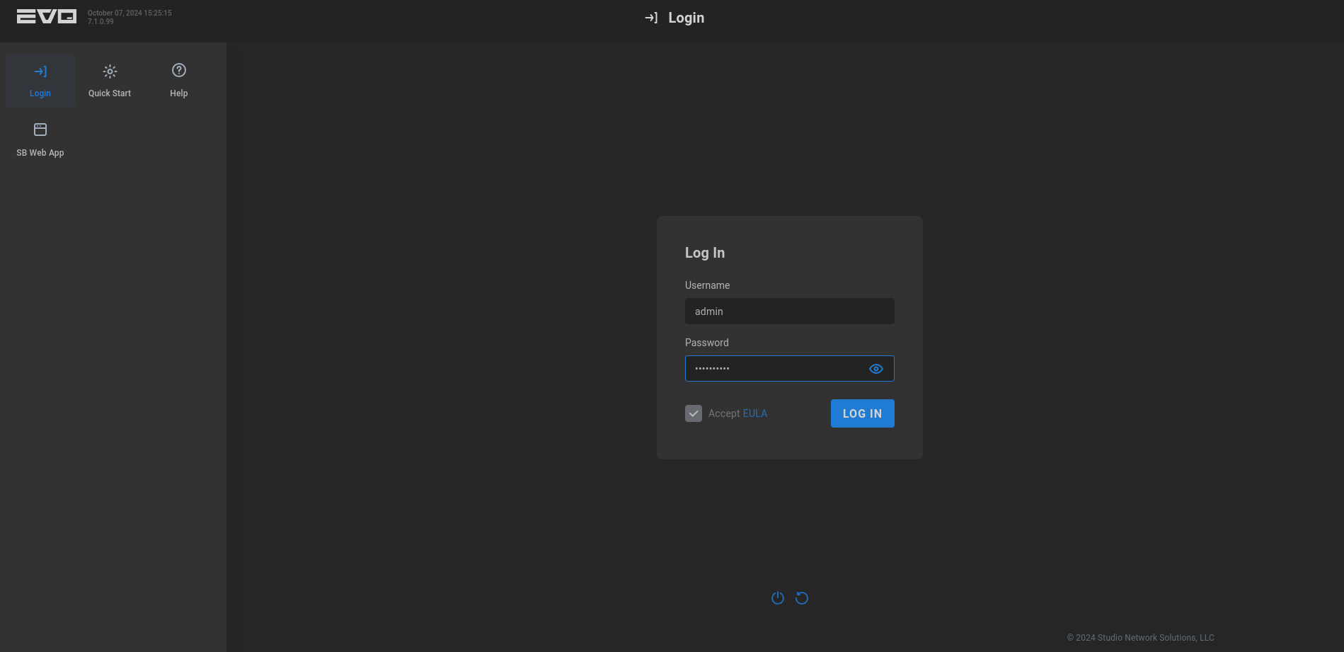 EVO login page