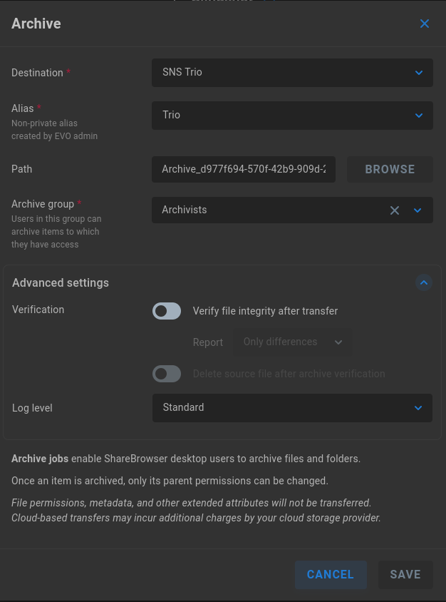 archive settings